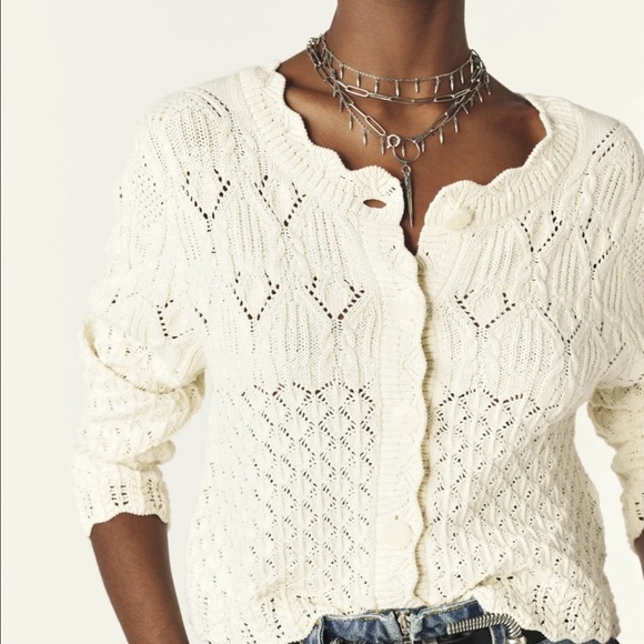 ba&sh Sweaters - ba&sh Jump Cardigan Cropped Crochet Scalloped Cream Size 3 Womens US 8 Parisian